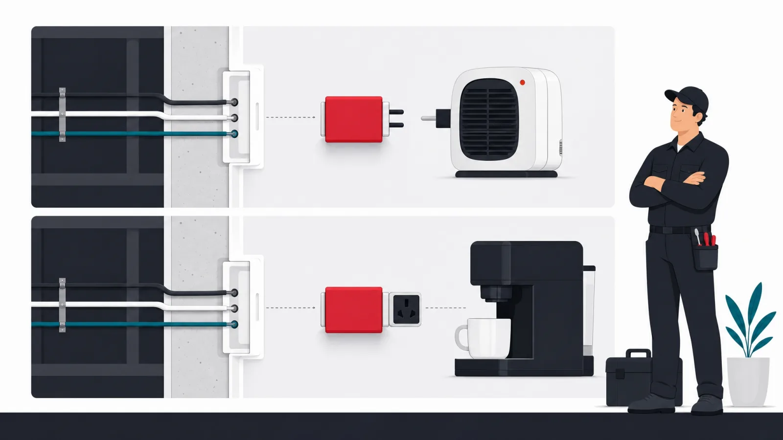 A red adapter block between building wiring and an appliance, with the appliance swapped in a second panel while the wiring stays untouched