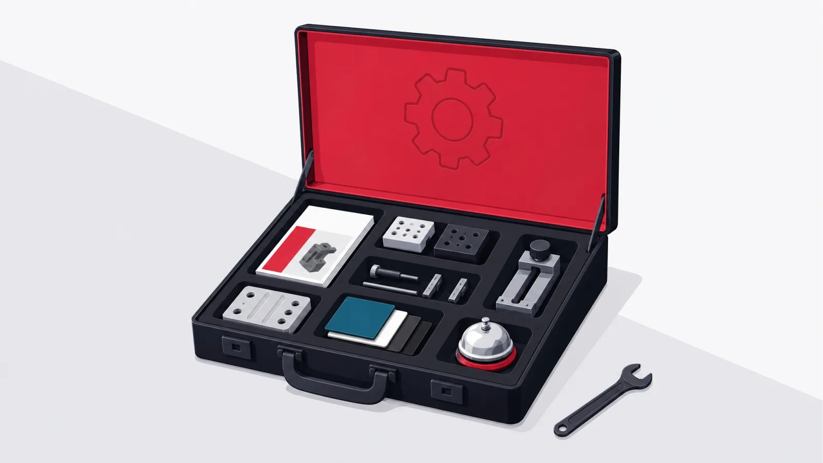 An open fitted toolkit case with tools, instructions, samples, a test jig and a support bell, beside one lone wrench on the floor