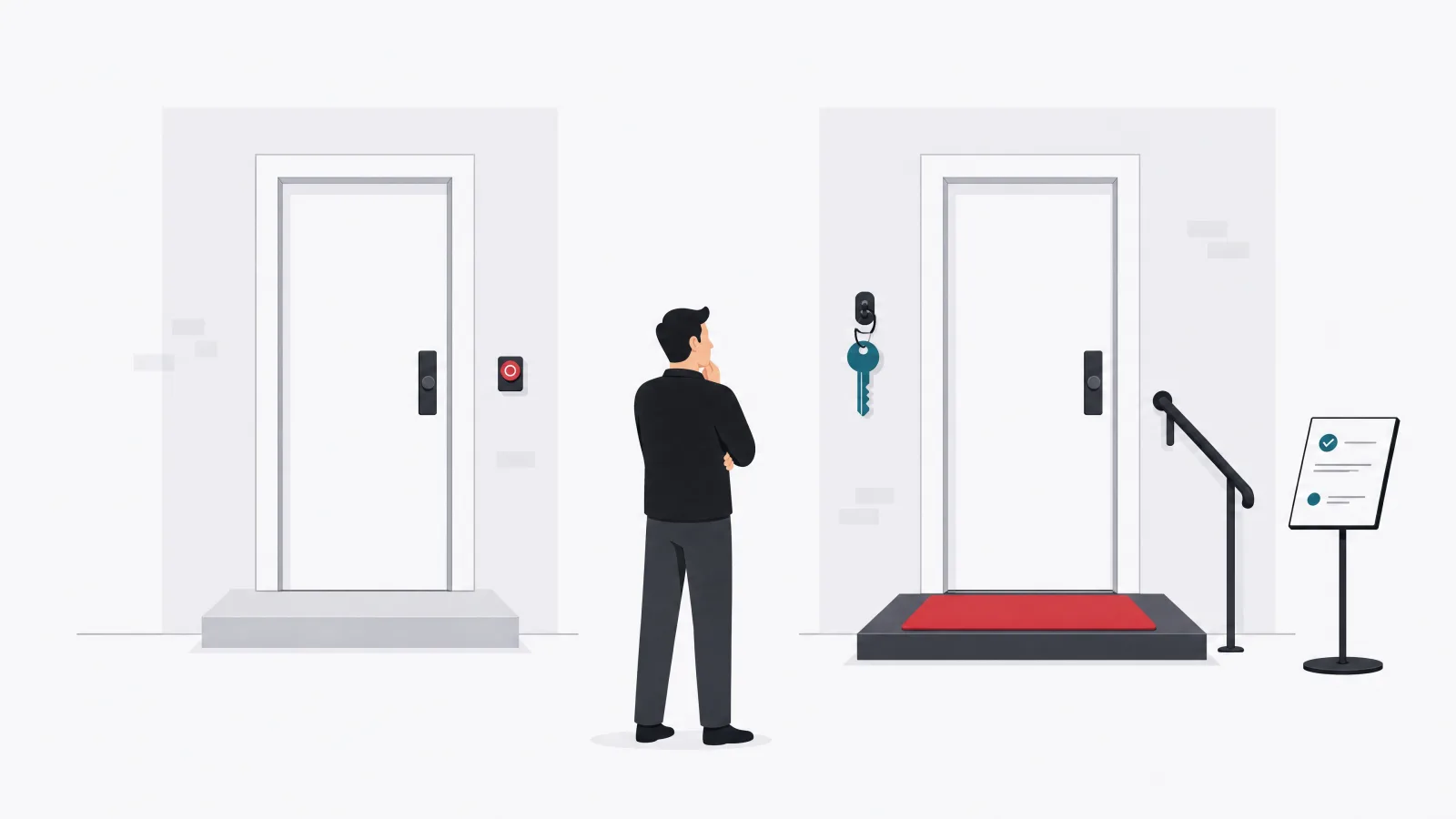 A plain doorway with a doorbell beside the same doorway furnished with a mat, a key, a handrail and an instruction stand, with a figure between them