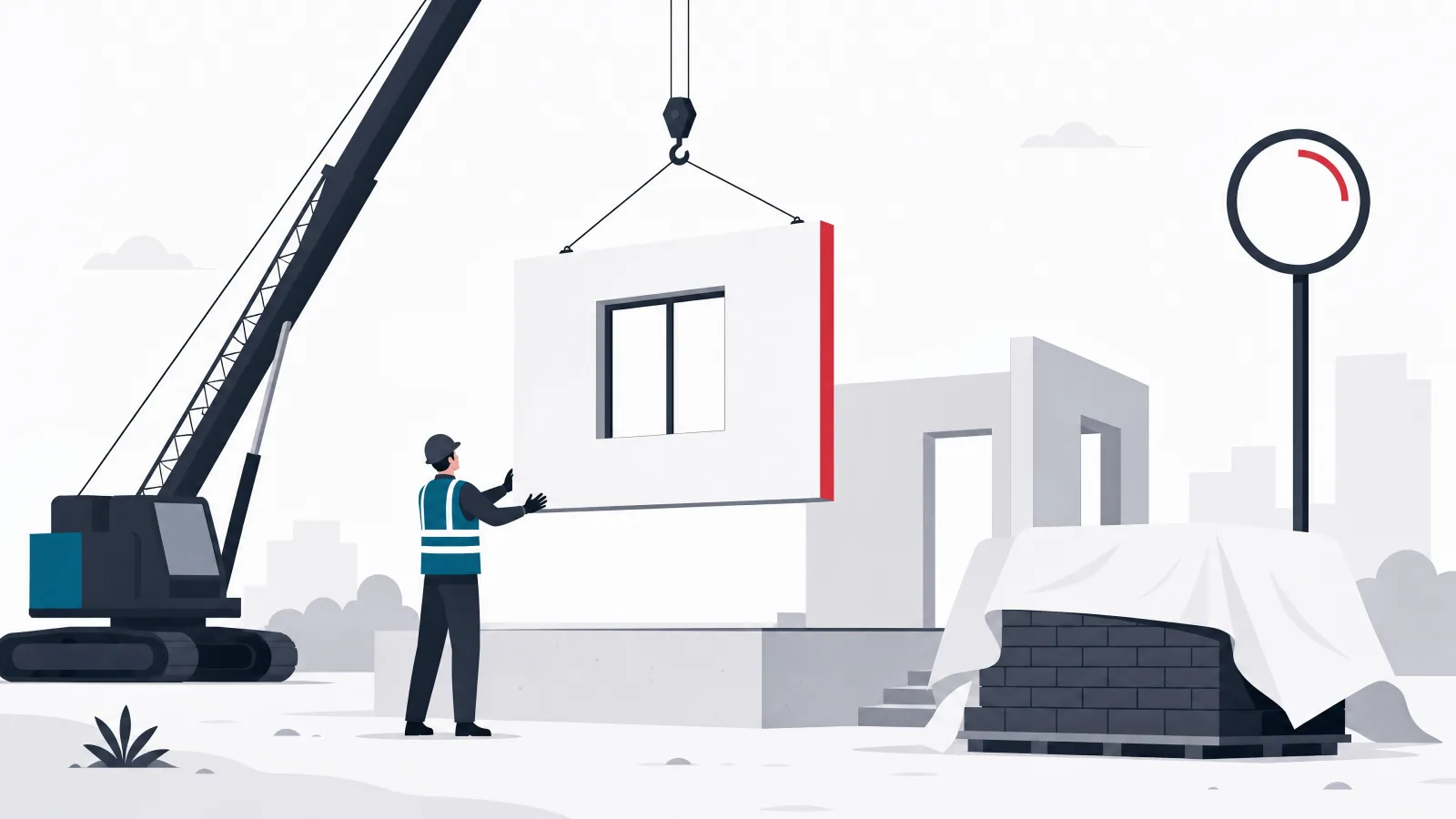 A figure receiving a pre-assembled wall panel from a crane while a covered stack of raw bricks sits unused nearby