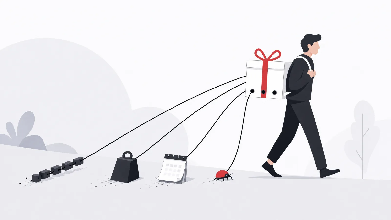 A figure carrying a neat box on their back with four cords trailing a chain of blocks, a weight, a calendar page and a beetle along the ground