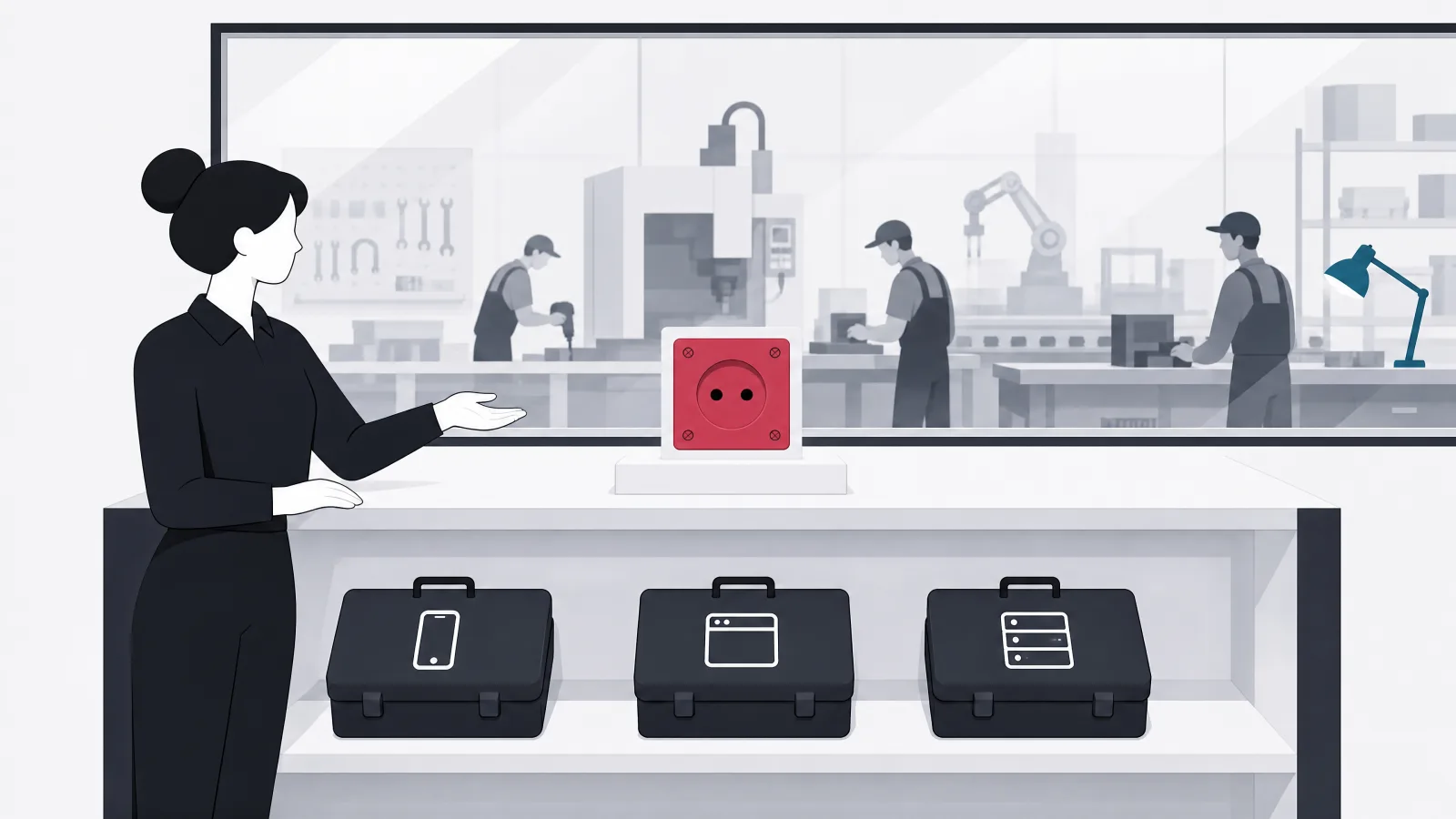 A vendor behind a counter with one socket plate on the top shelf and a row of toolboxes stamped with a phone, a browser and a server on the lower shelf