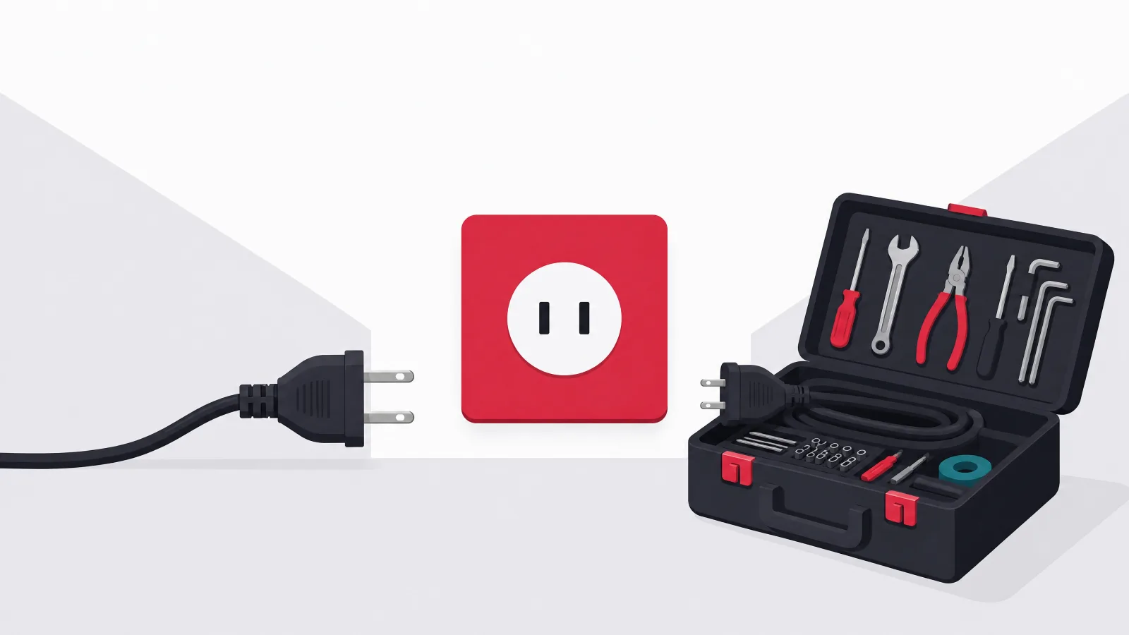 A wall socket at center with a bare plug approaching from the left and a toolbox with a fitted plug approaching from the right