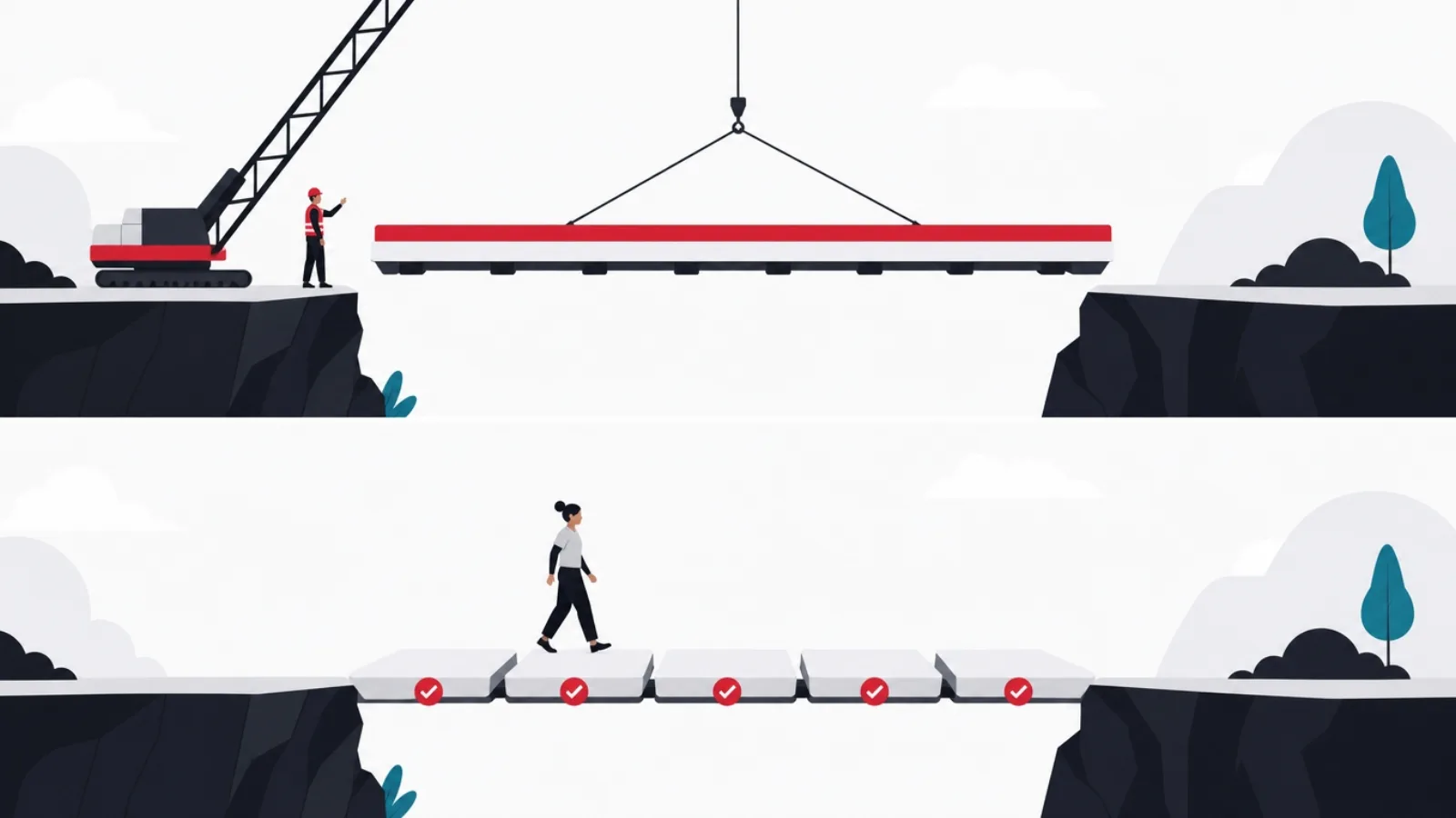 Split scene of one bridge lowered whole by crane still airborne, and one built plank by plank already being walked on