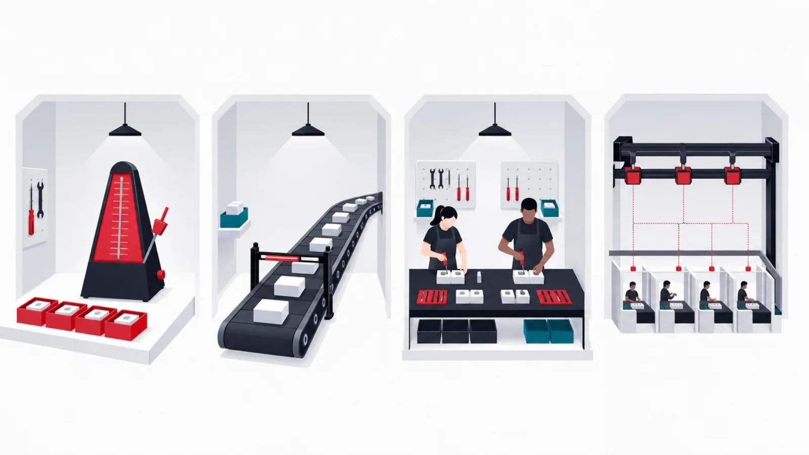 Four workshop bays showing a metronome cadence, a limited flow belt, paired work at one bench, and a coordination gantry over several bays