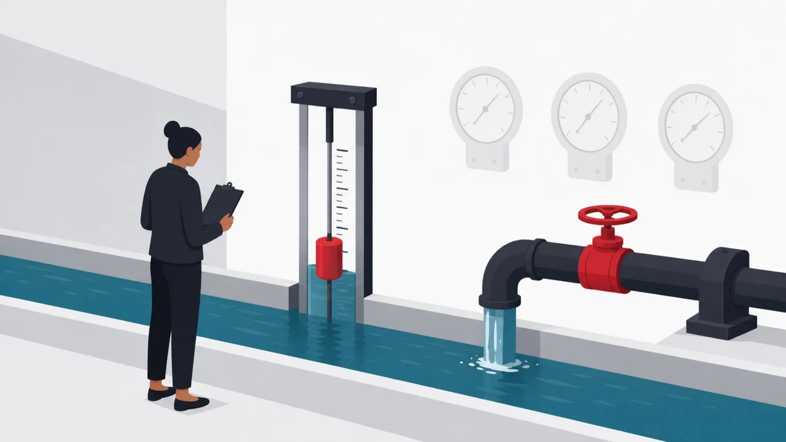 A figure reading a float gauge on a water channel while decorative dials beside it sit faded and ignored