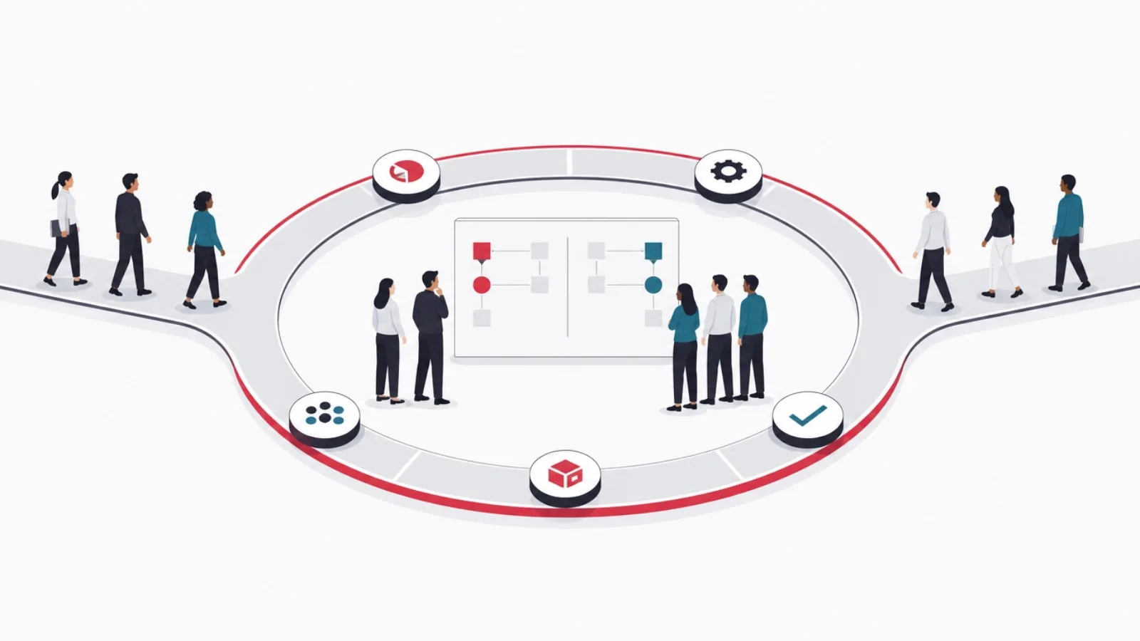 Two teams entering one shared loop track from opposite ramps, facing one central board bound by a red band