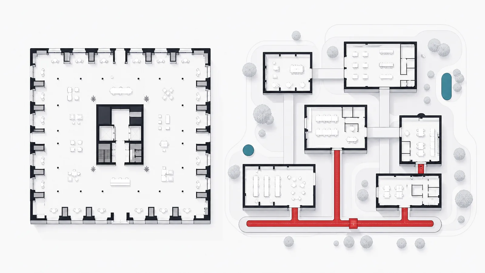 An open-hall floor plan with a central core and perimeter plug-in bays beside a campus plan of separate buildings joined by walkways over one shared corridor