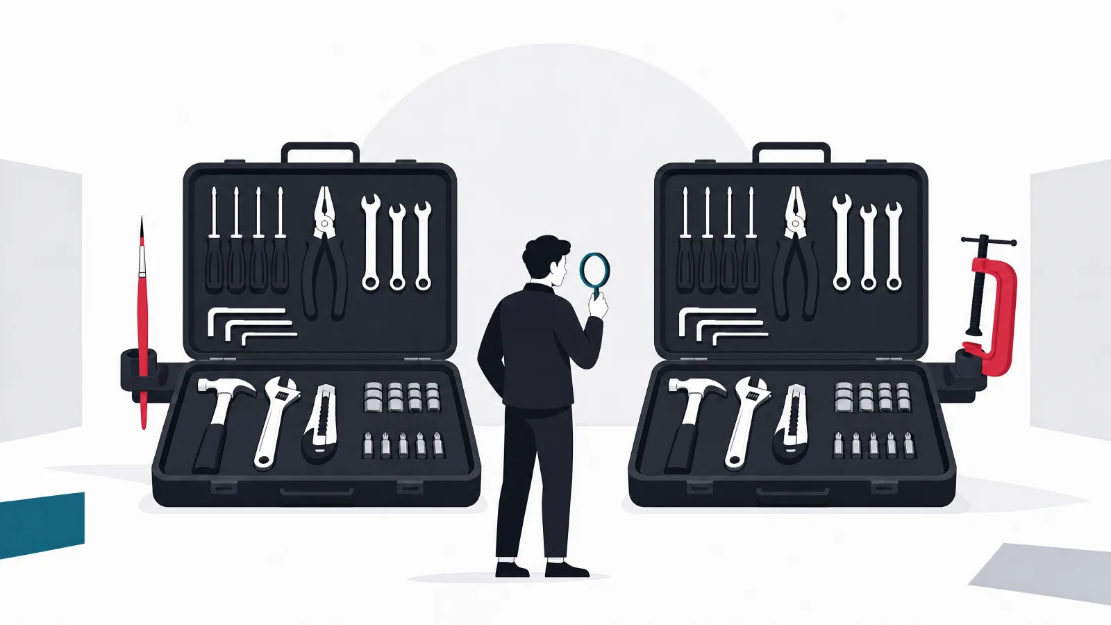 Two open toolkits with matching core tools and a few different specialty tools along their outer edges, compared by a figure with a lens