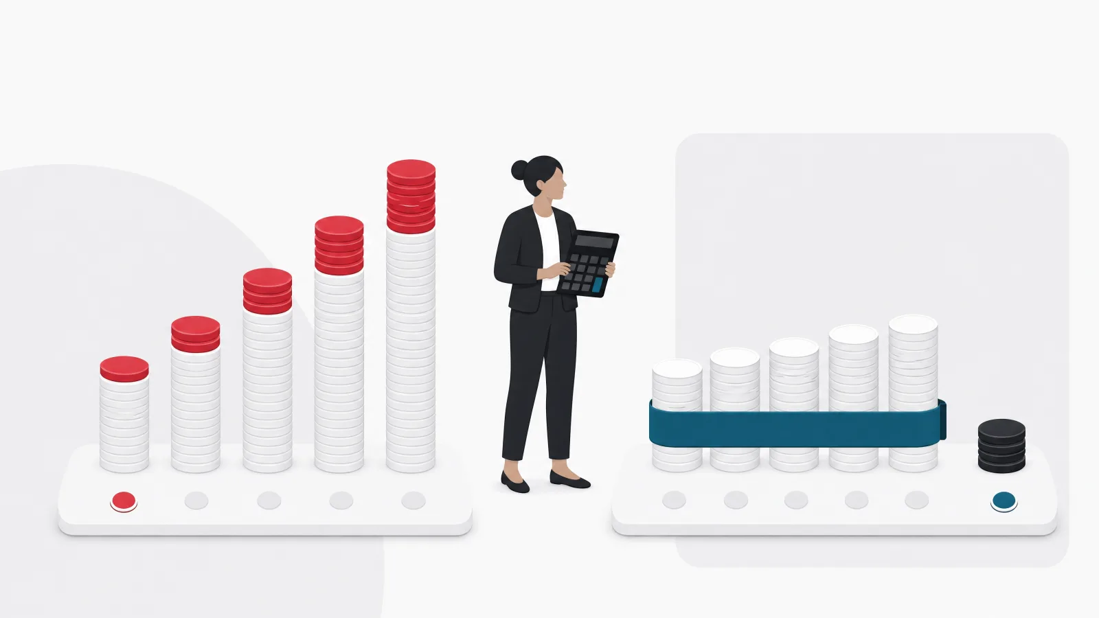 Two five-column coin stacks, one with growing add-on discs on each column and one with a bundle band and a small side stack for consumption fees, with a figure holding a calculator