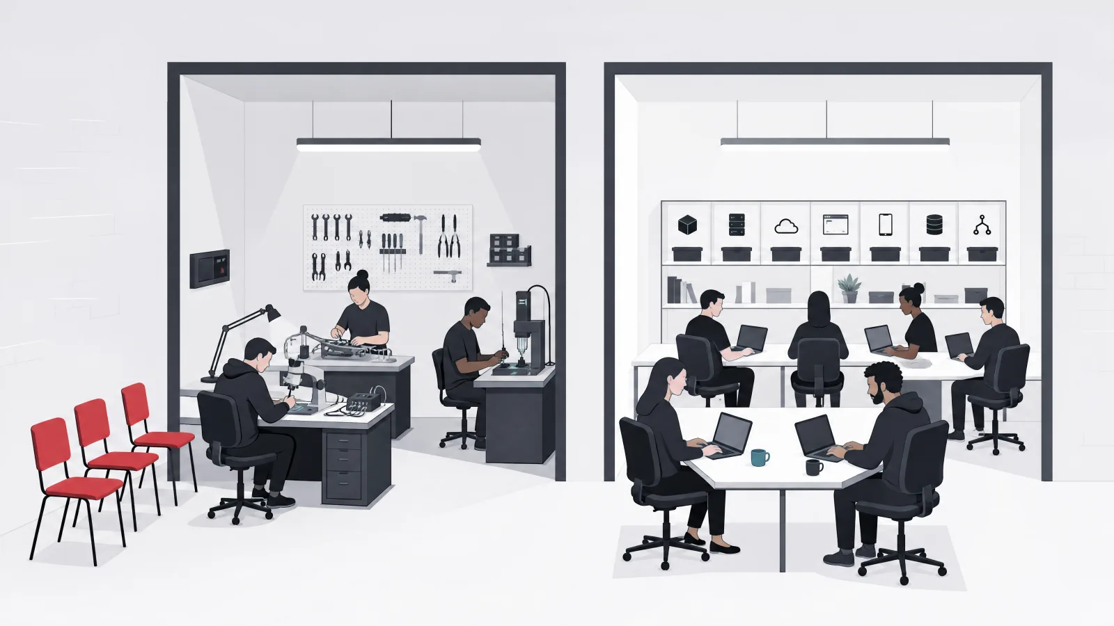 A workshop with developers at specialized benches and empty chairs by the door beside a workshop where developers use general tools shared with other projects