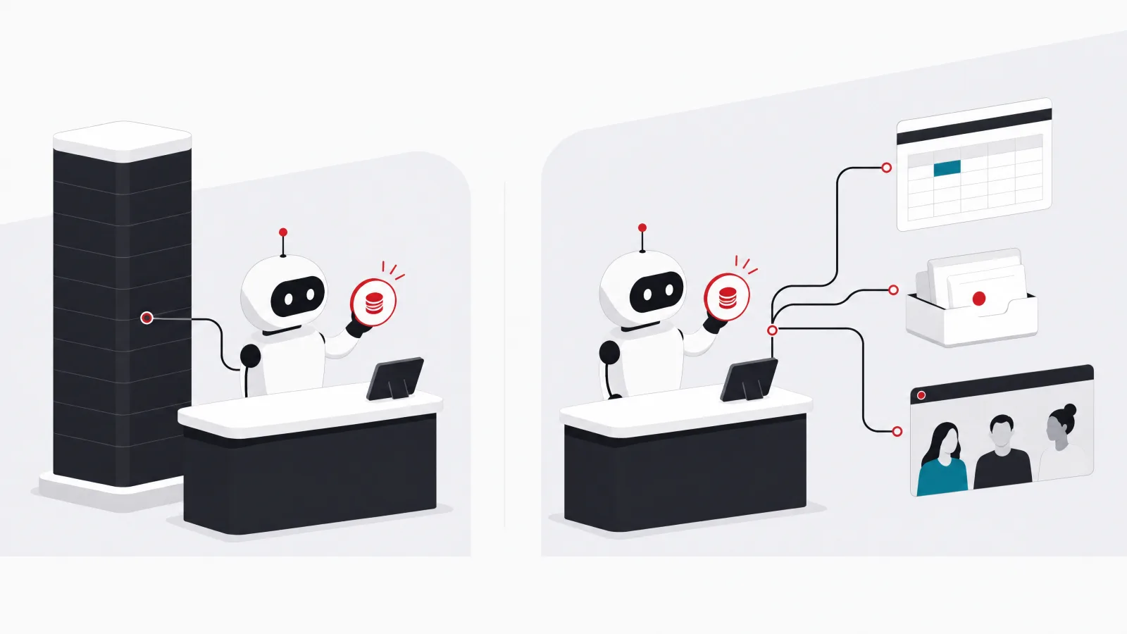 Two simple robot assistants beside sales desks, one wired into a single platform core and one wired into a spreadsheet, an email tray and a meeting screen, each holding a coin meter