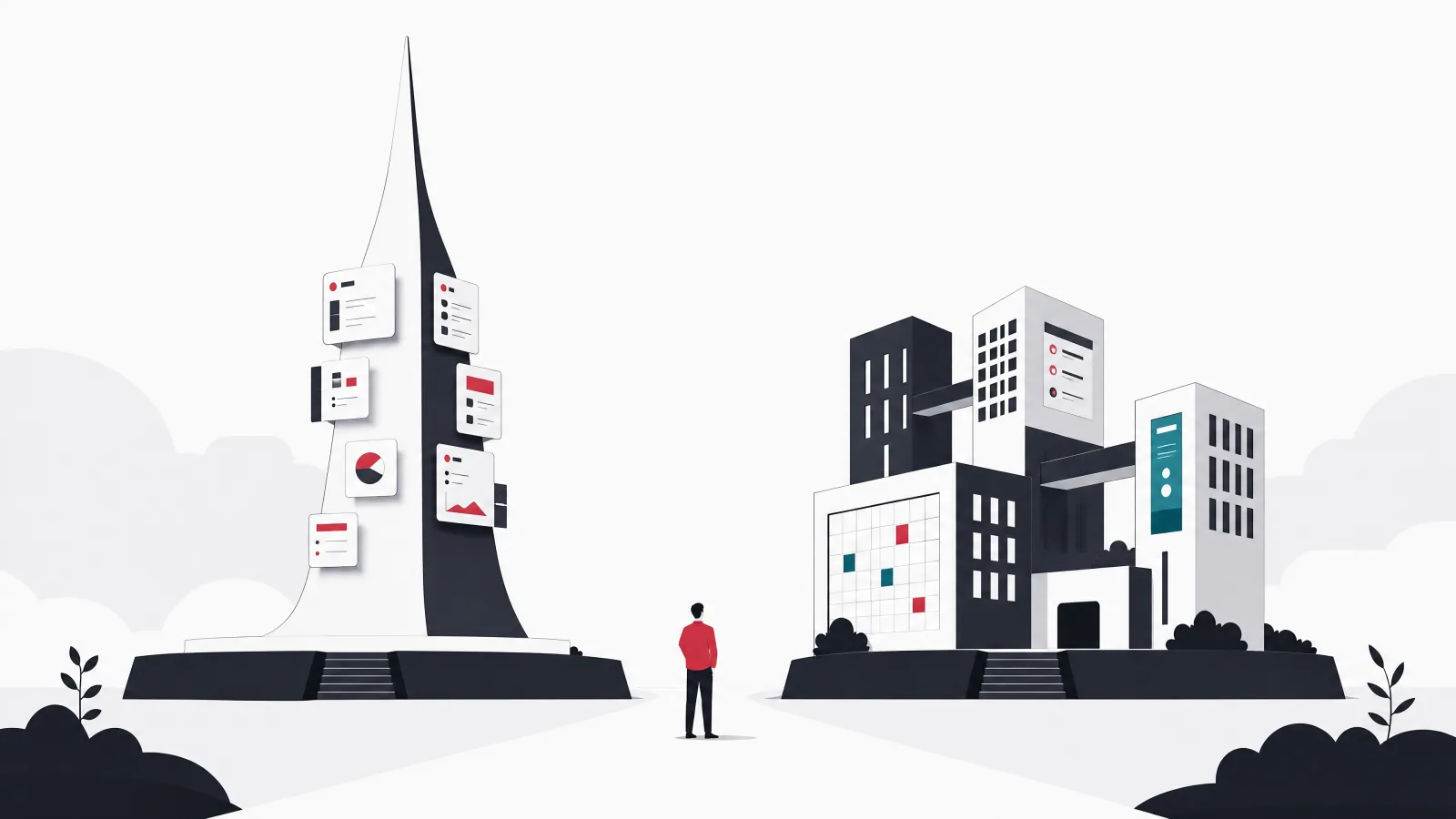 A single spire tower with attached app windows beside a cluster of connected mid-height buildings sharing a plaza, with a small figure between them