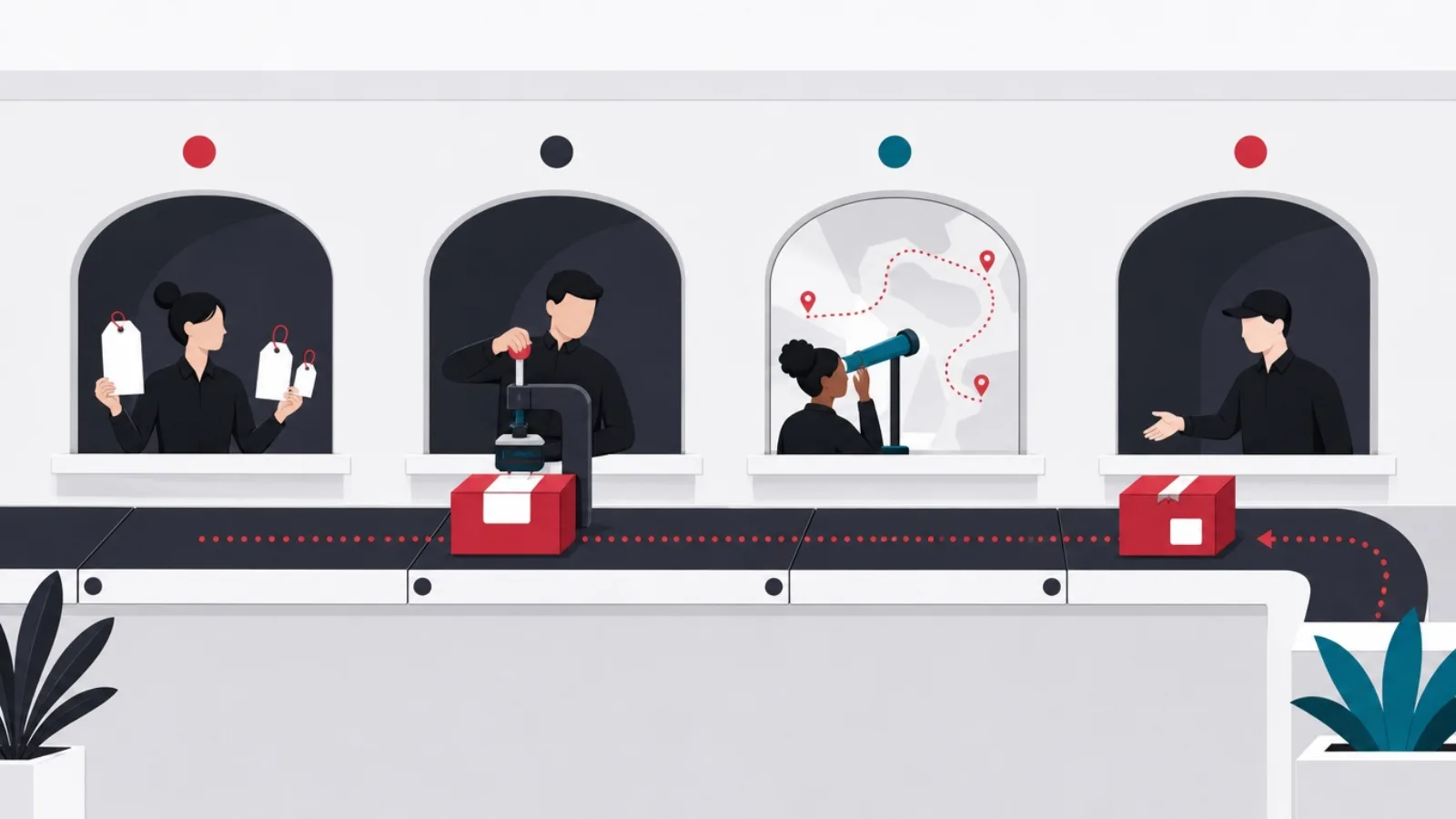 A parcel passing four counter windows for rate comparison, label stamping, route tracking, and a return U-turn