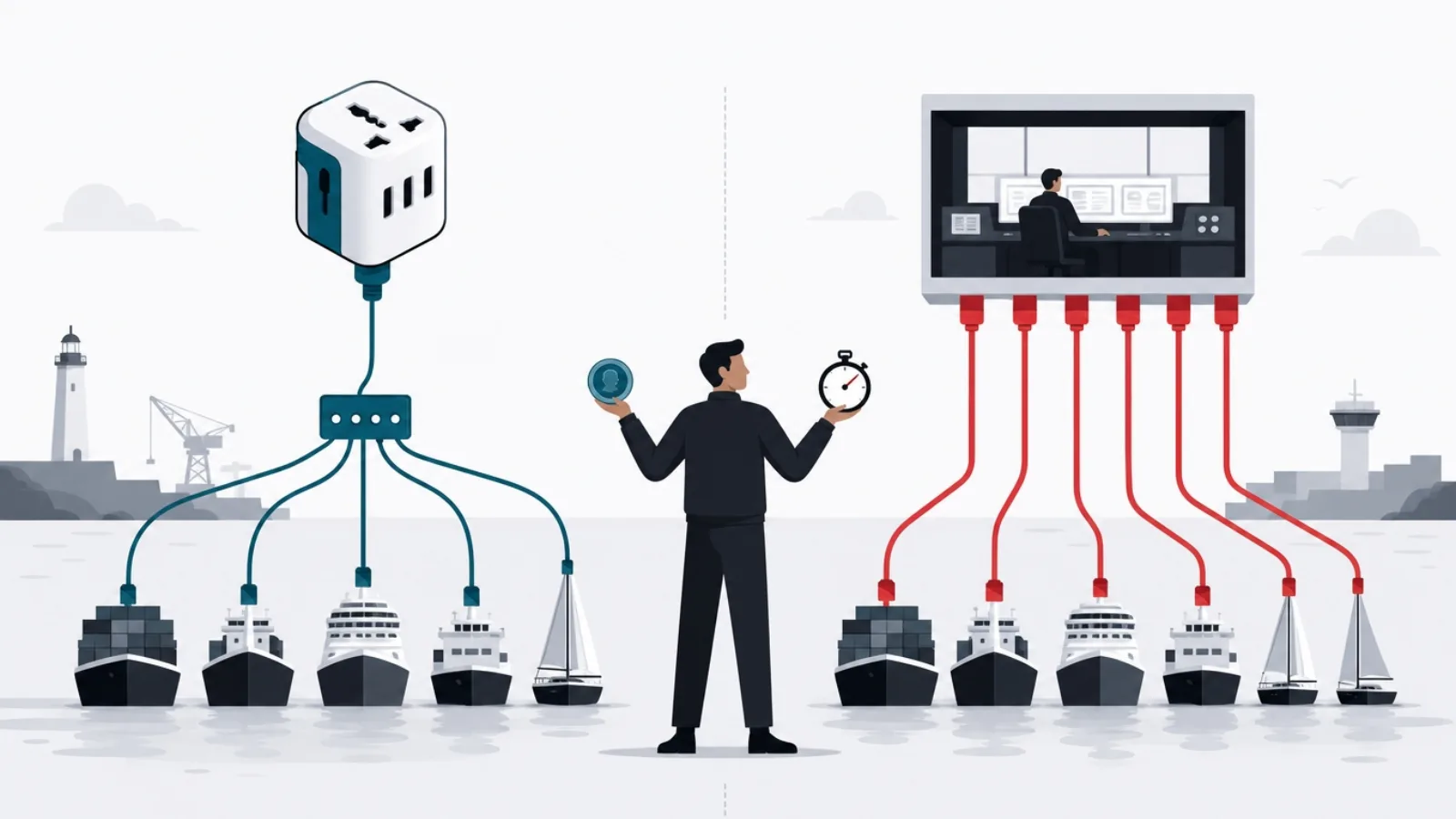 A harbor split between one universal adapter feeding five ships and five direct dedicated cables from a control room