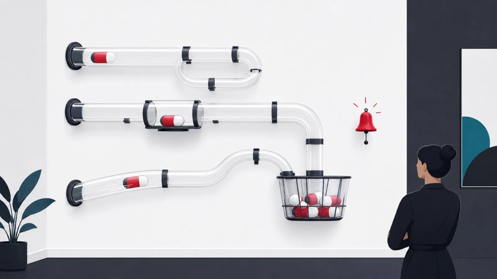 A pneumatic tube wall with a fast answer loop, a delayed holding loop, and unprompted capsules arriving into a belled basket