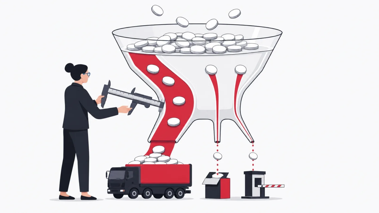Coins entering a funnel that splits into a wide channel to a truck and thin channels to a software box and toll booth