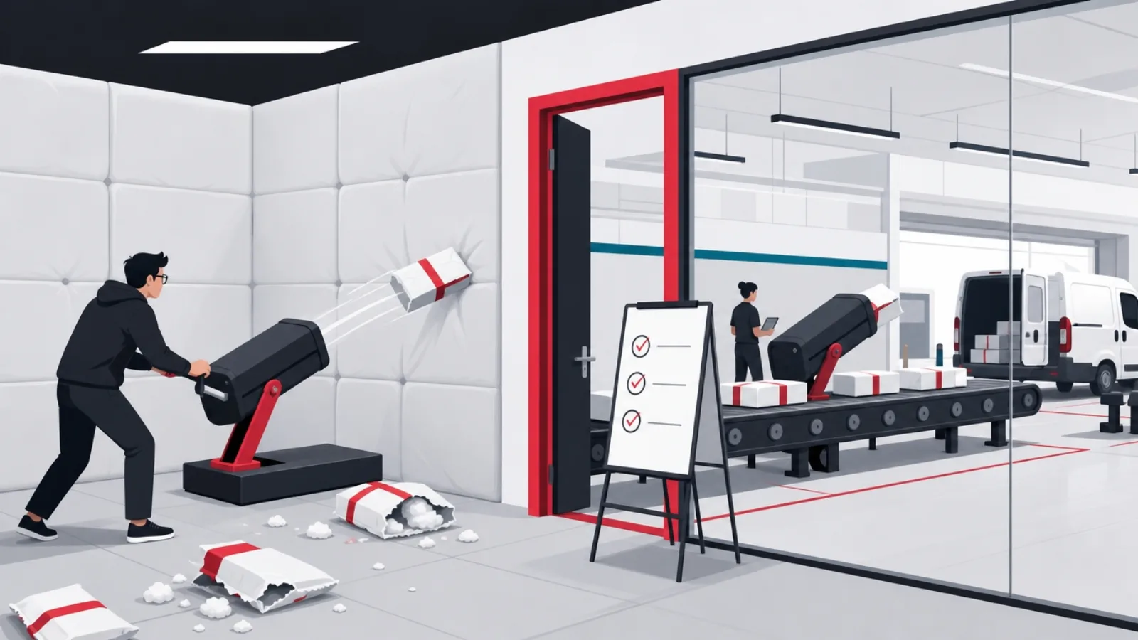 A padded practice room for crash-testing a parcel launcher beside a glass-partitioned production floor with real parcels