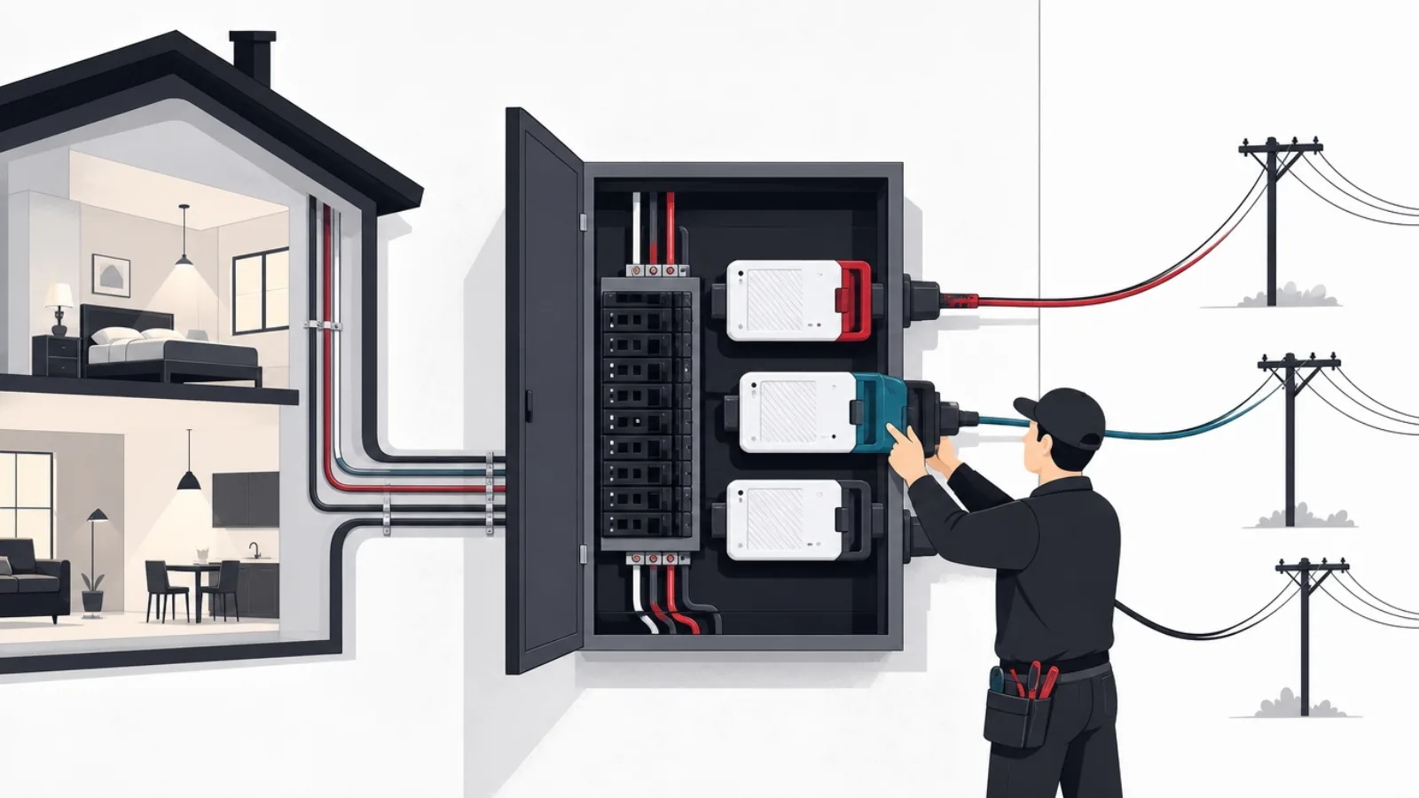An open electrical panel where house wiring meets swappable modules to utility poles, one swapped while lights stay on