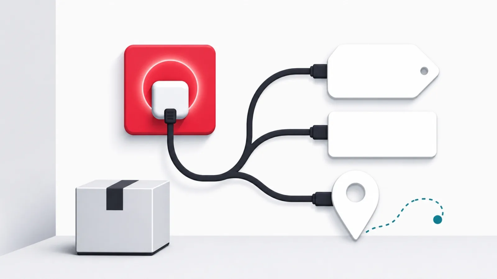 A wall socket with one cable splitting into a blank price tag, a shipping label, and a route pin, a parcel waiting below