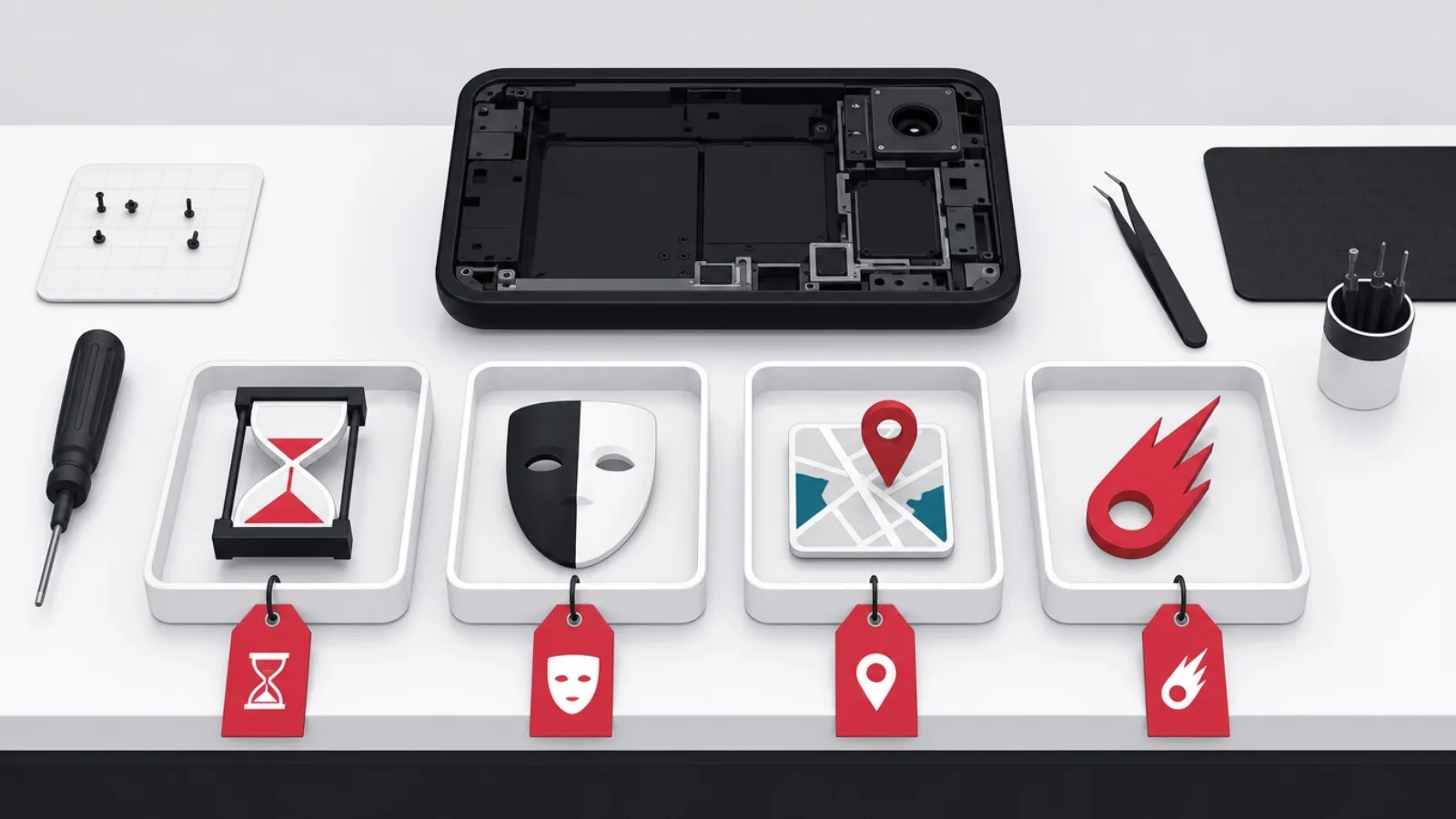 A device disassembled into four trays holding an hourglass, a half-mask, a pinned map and a streak shape