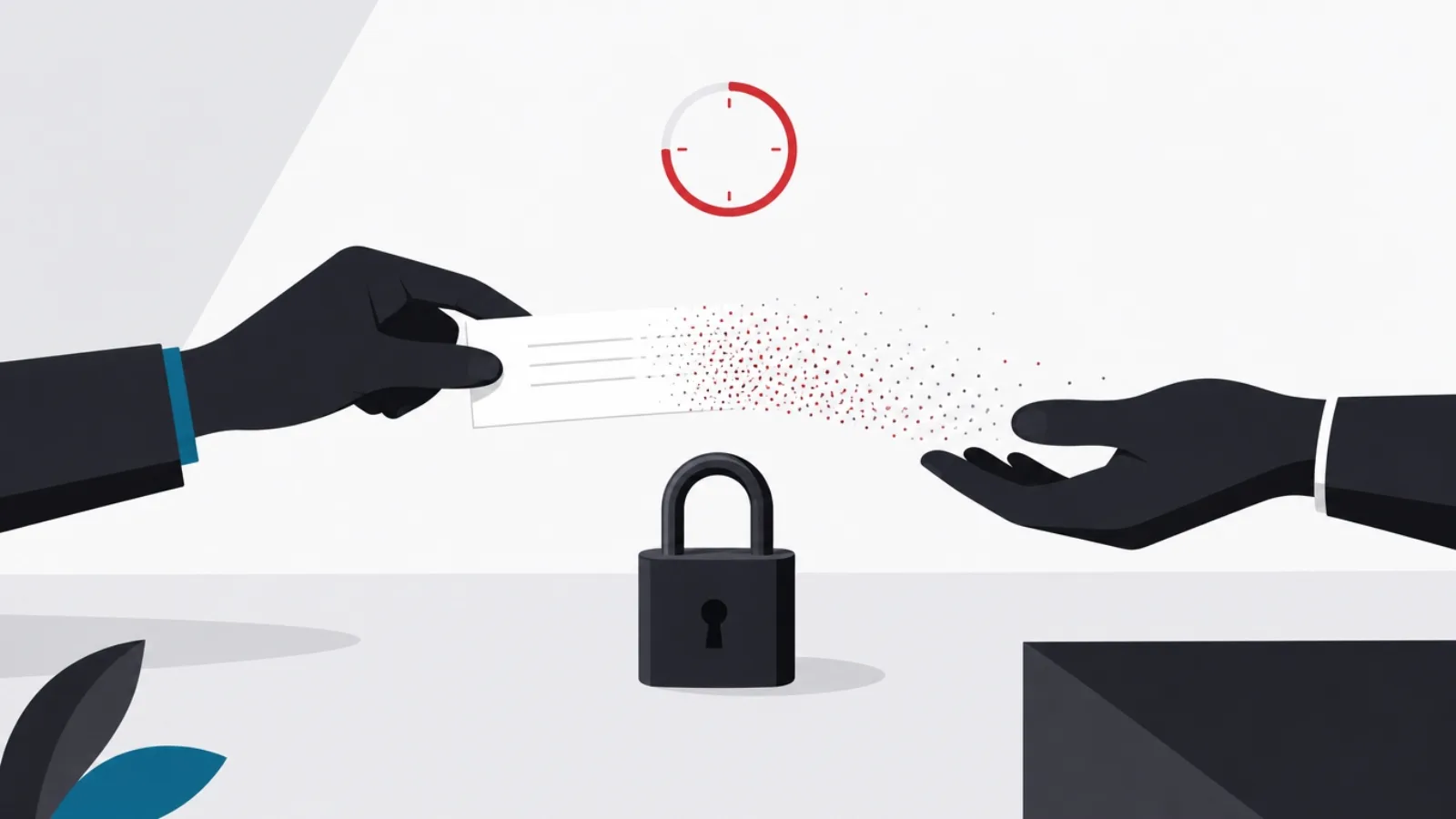 A note dissolving into dots as it passes between two hands, under a red timer ring, with a solid lock on the table