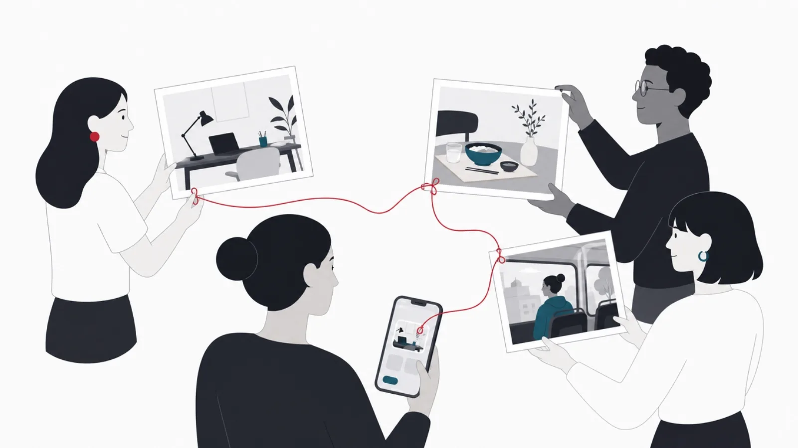 Friends exchanging plain unposed picture frames, one landing on a device widget, joined by a red thread