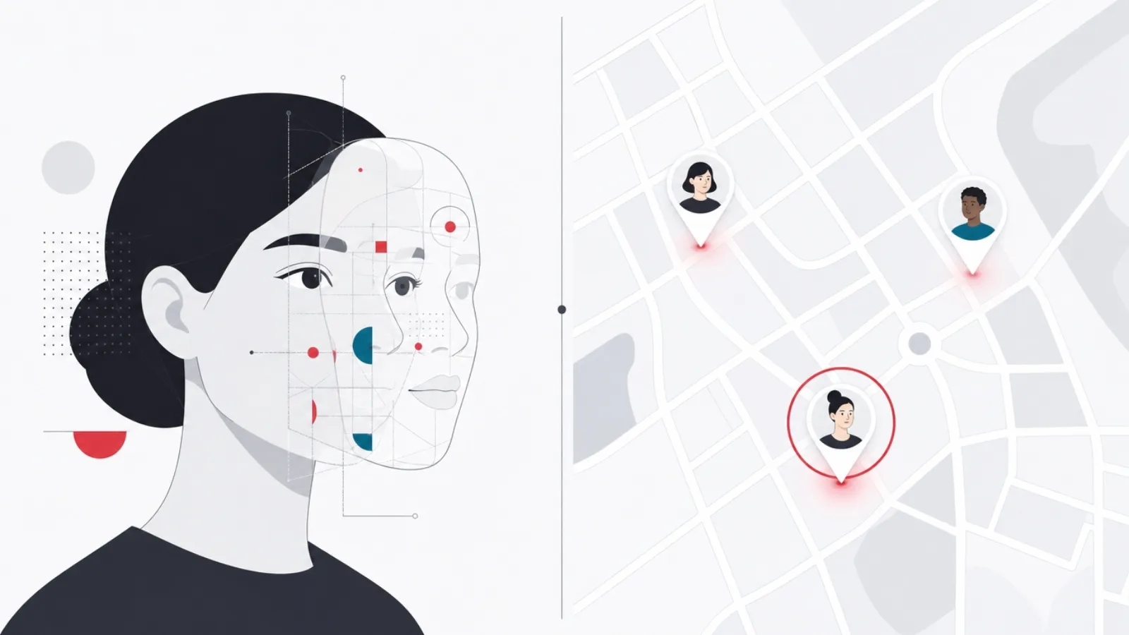 A face with a translucent AR half-mask beside a city map with glowing avatar pins, one circled in red