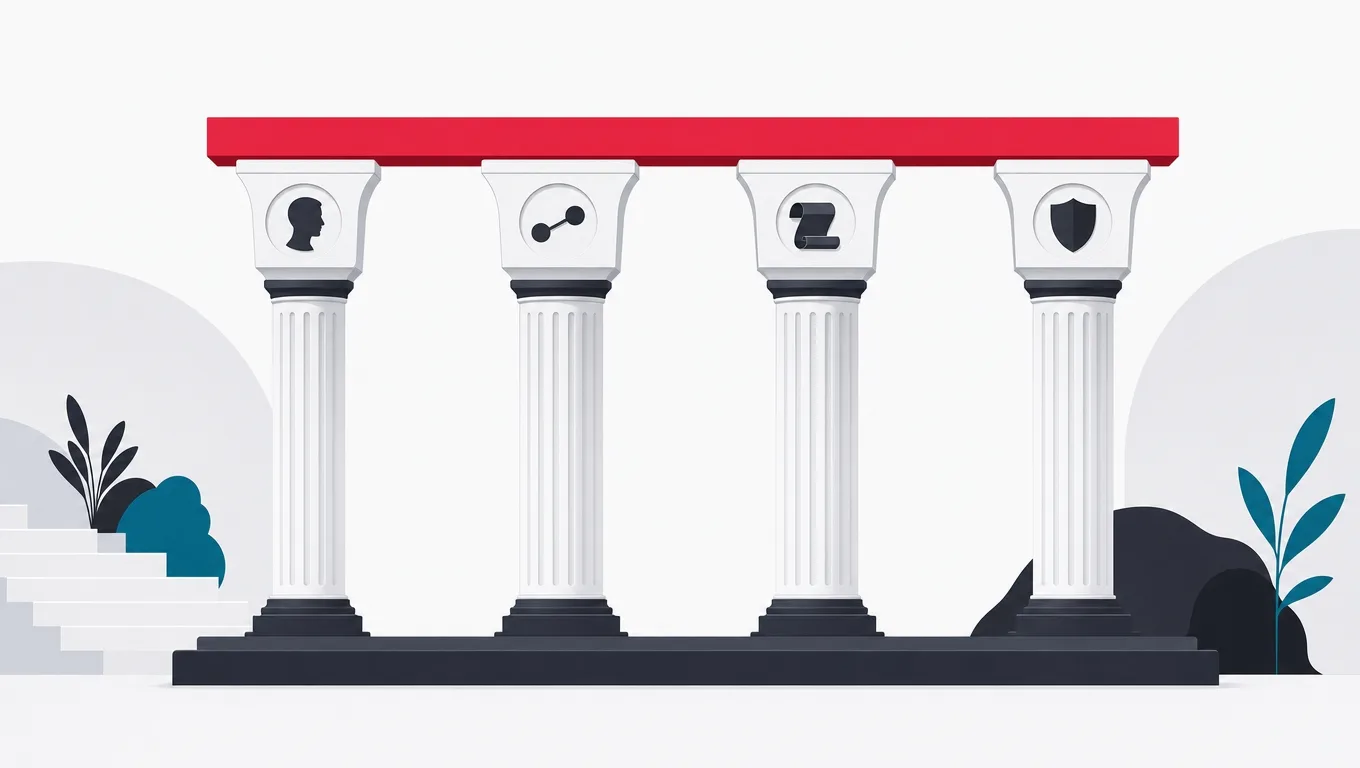 Four columns with profile, connection, feed and shield emblems jointly holding one red beam