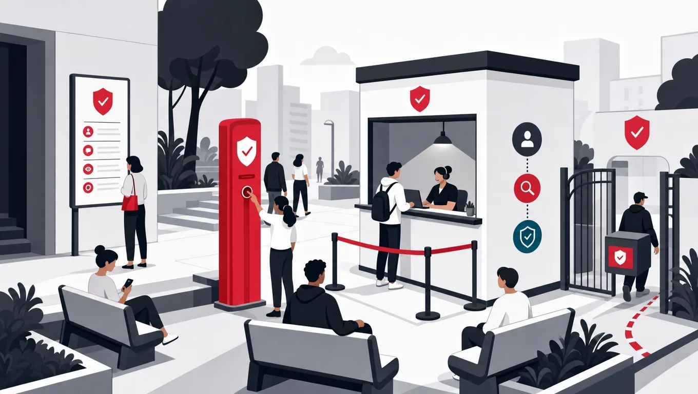 A plaza cross-section showing a red report kiosk, review booth, rules board and removal path as built structures