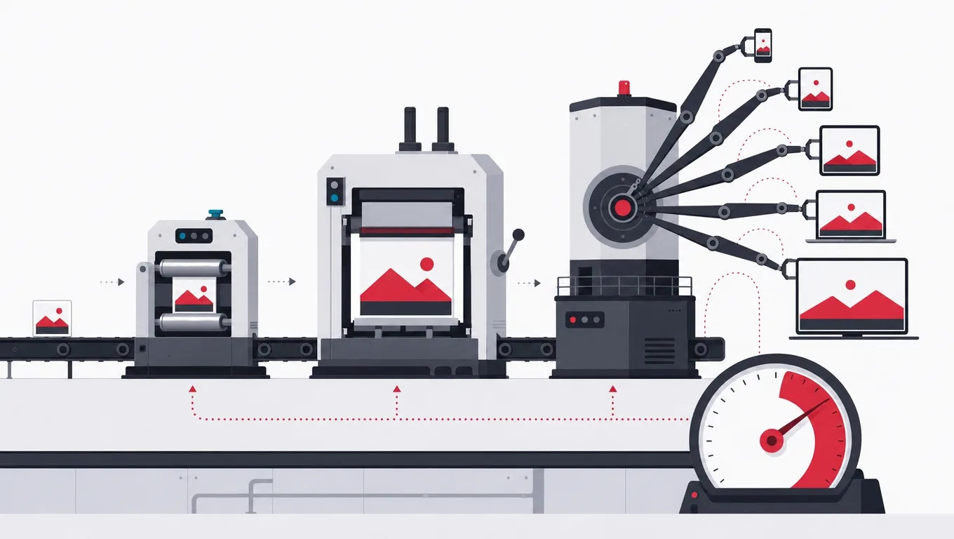 One photo entering a conveyor whose machinery grows huge through resize, convert and distribute stations as a red cost dial rises