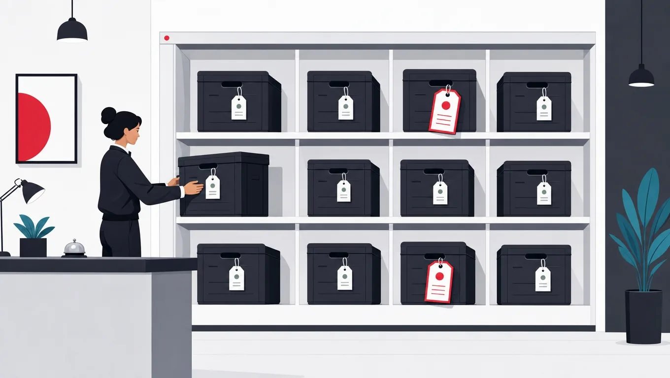 Feature crates stored on labeled shelves, each with a deferral price tag, one tag red-edged and larger