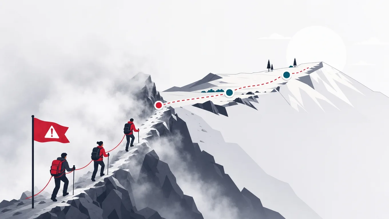 A three-stage mountain path with the steep foggy red-flagged section first and clearing easier stages after