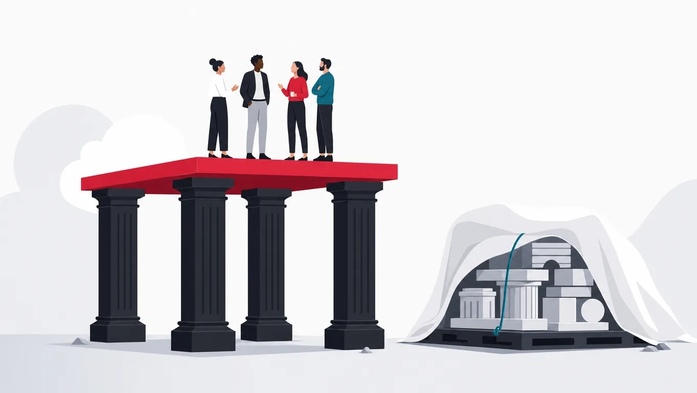 Four foundation pillars supporting a small red platform where figures talk, with extra modules waiting covered nearby
