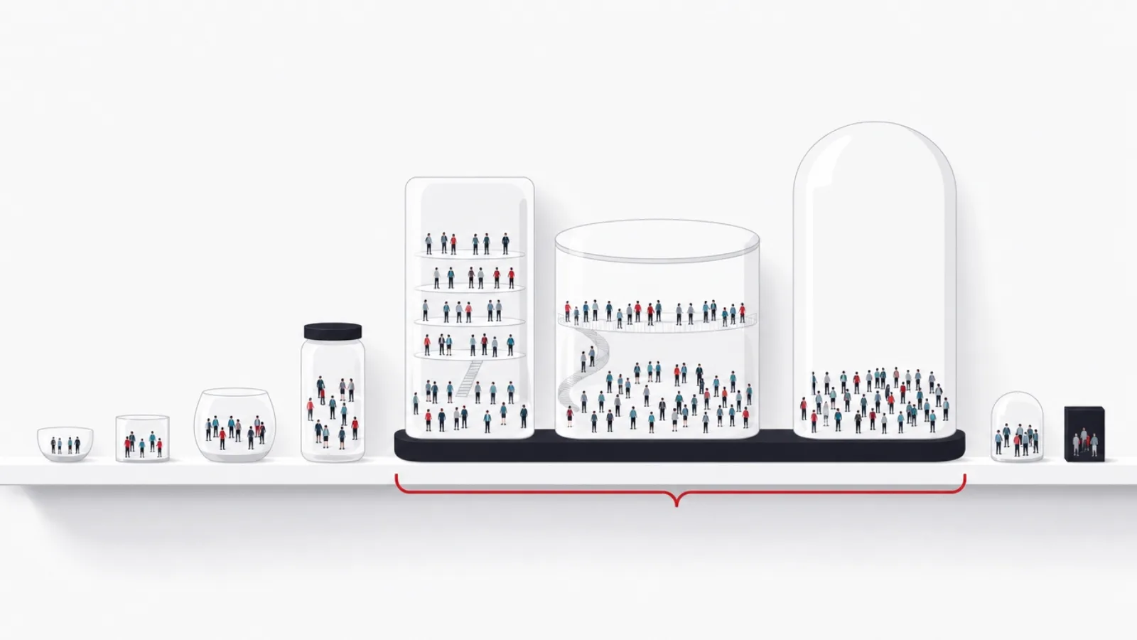 App vessels filled with tiny figures arranged by size, the three largest sharing one bracketed tray