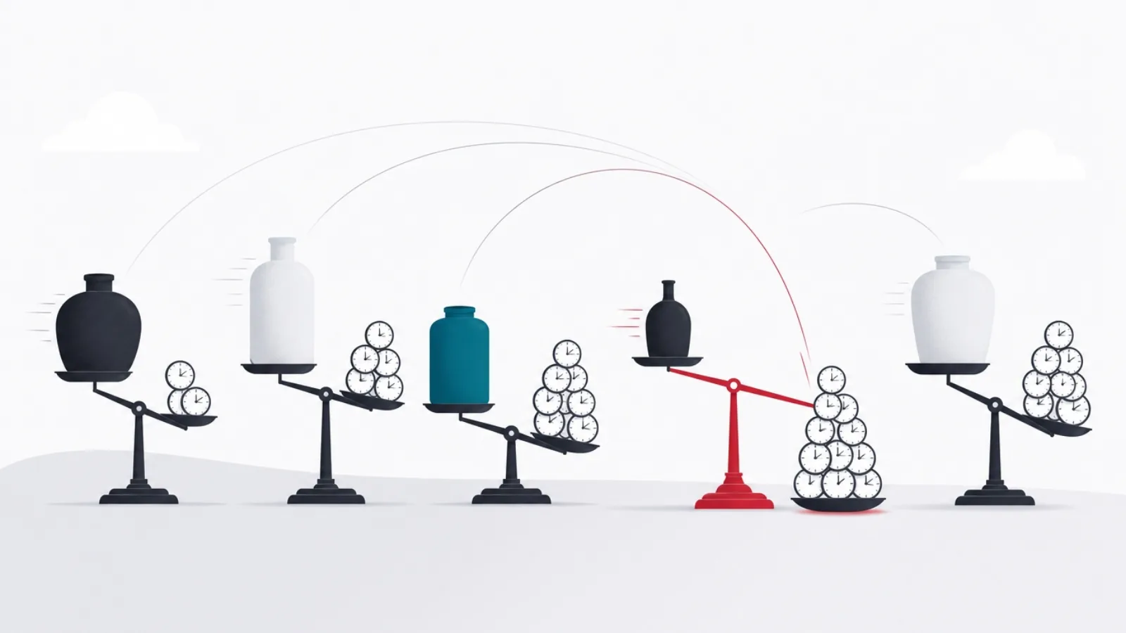 App vessels re-weighed on balance scales against stacks of clock faces, reordering with motion trails, one beam in red