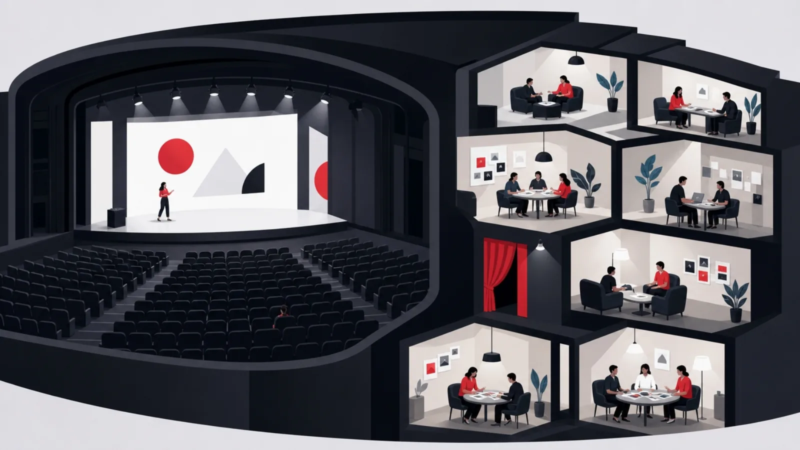 A bright stage playing to sparse seats while a cutaway wall reveals crowded cozy private rooms behind, one with a red curtain