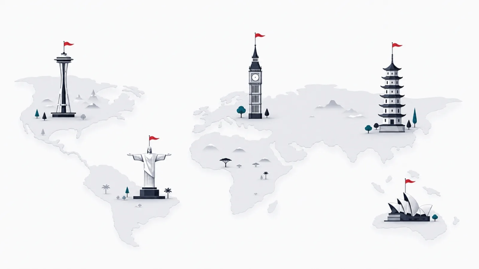 A world map with distinct local monuments dominating their own regions and fading at the borders, red flags on four