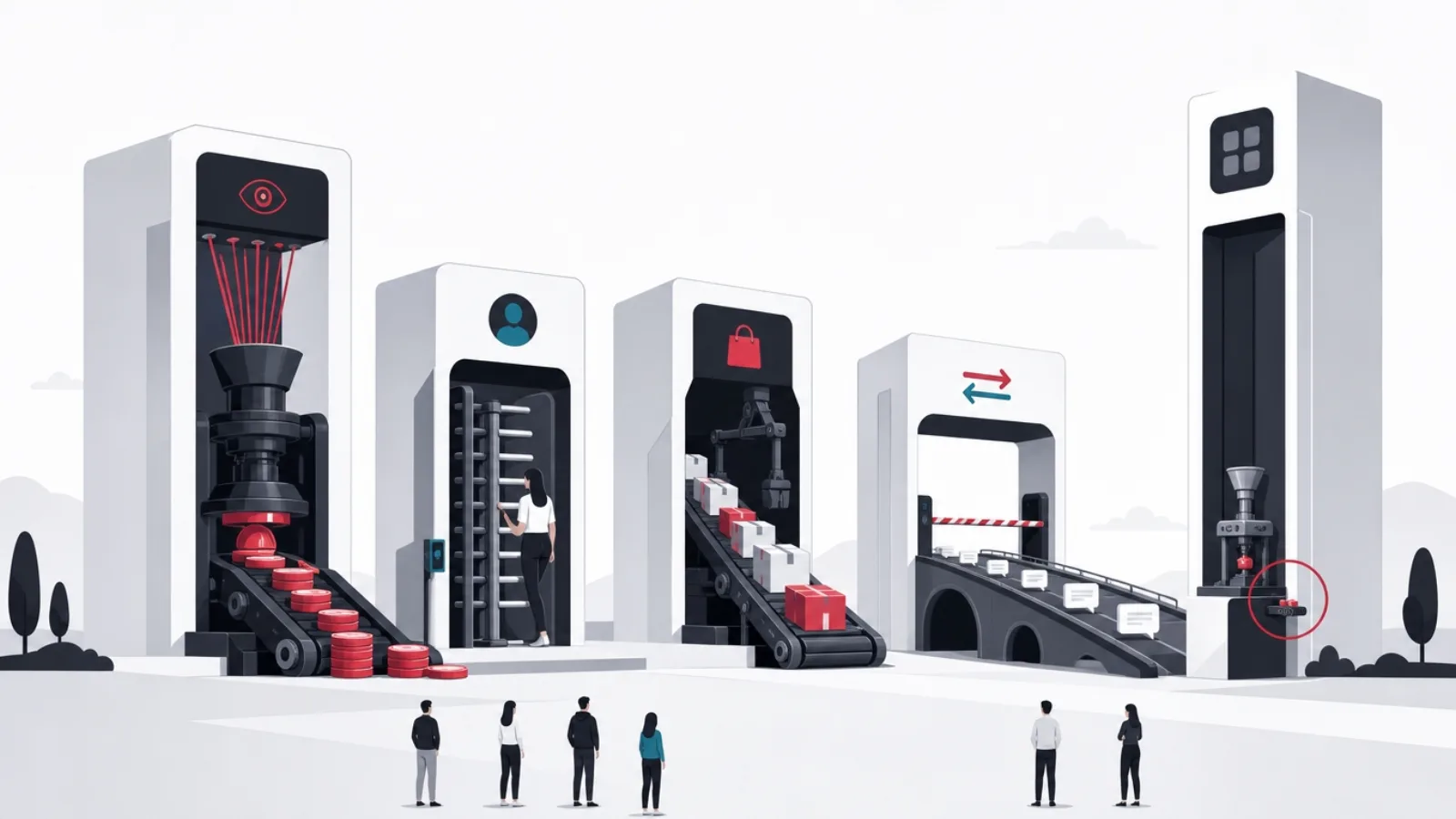 App monuments fitted with different revenue machines, one tall monument's tiny sputtering coin press circled in red