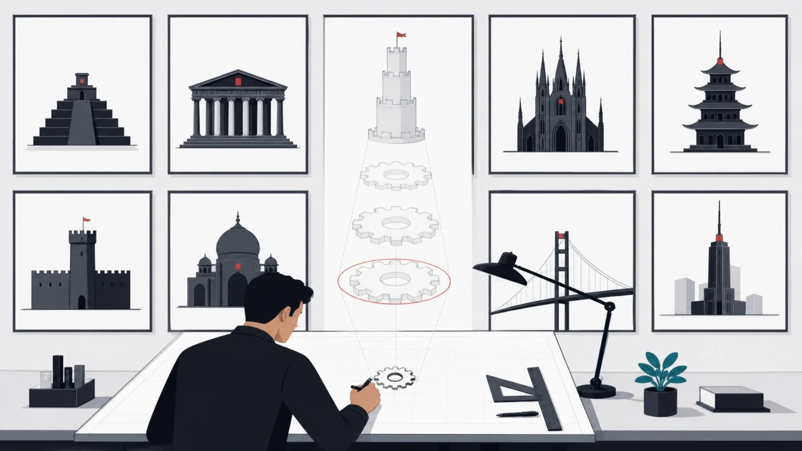 A builder drawing one small gear beneath framed monument miniatures, ghost stages showing the gear growing into a tower