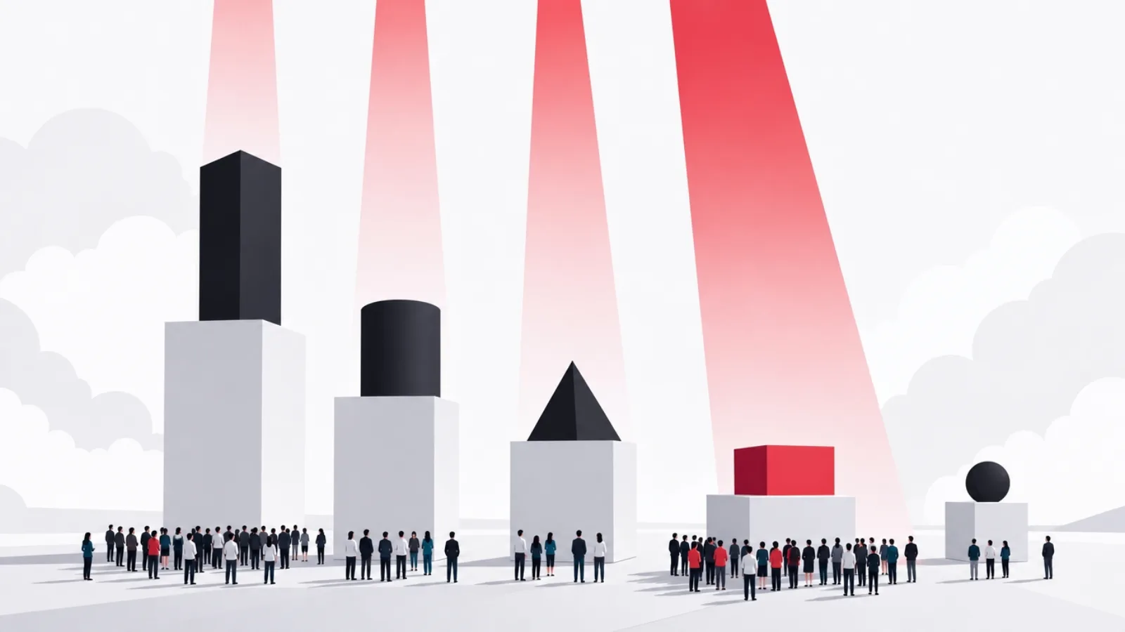 App monuments of different heights with crowds at their bases, red light beams of different widths revealing a second ranking