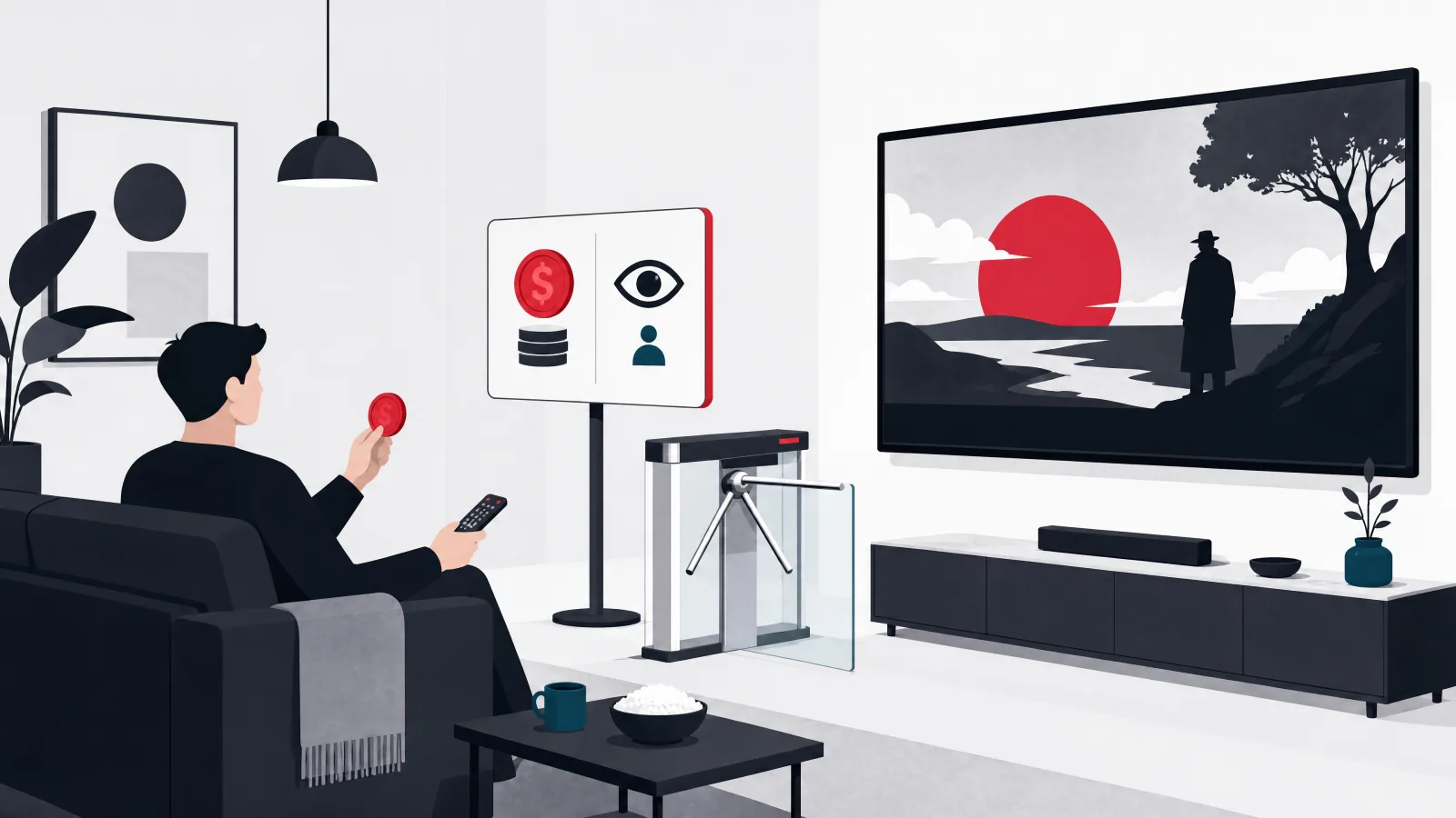 A viewer on a sofa holding a coin and a remote, facing a television with a small turnstile and a billboard stand between them