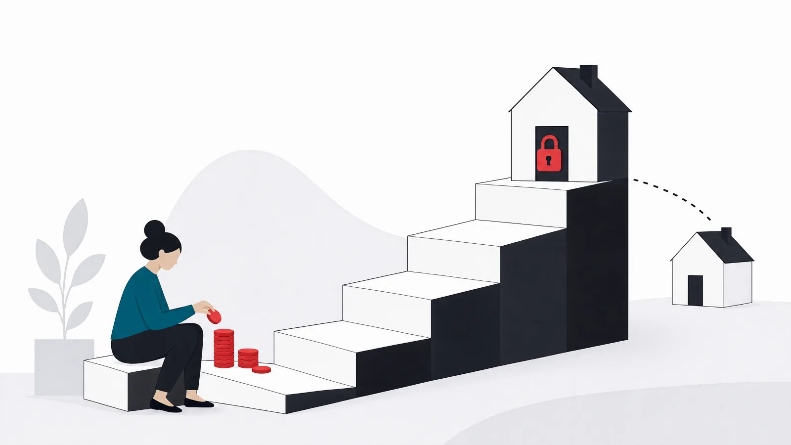 A rising staircase of steps ending at a house with a newly padlocked door and a second small house cut loose by a dotted line, with a figure counting coins below