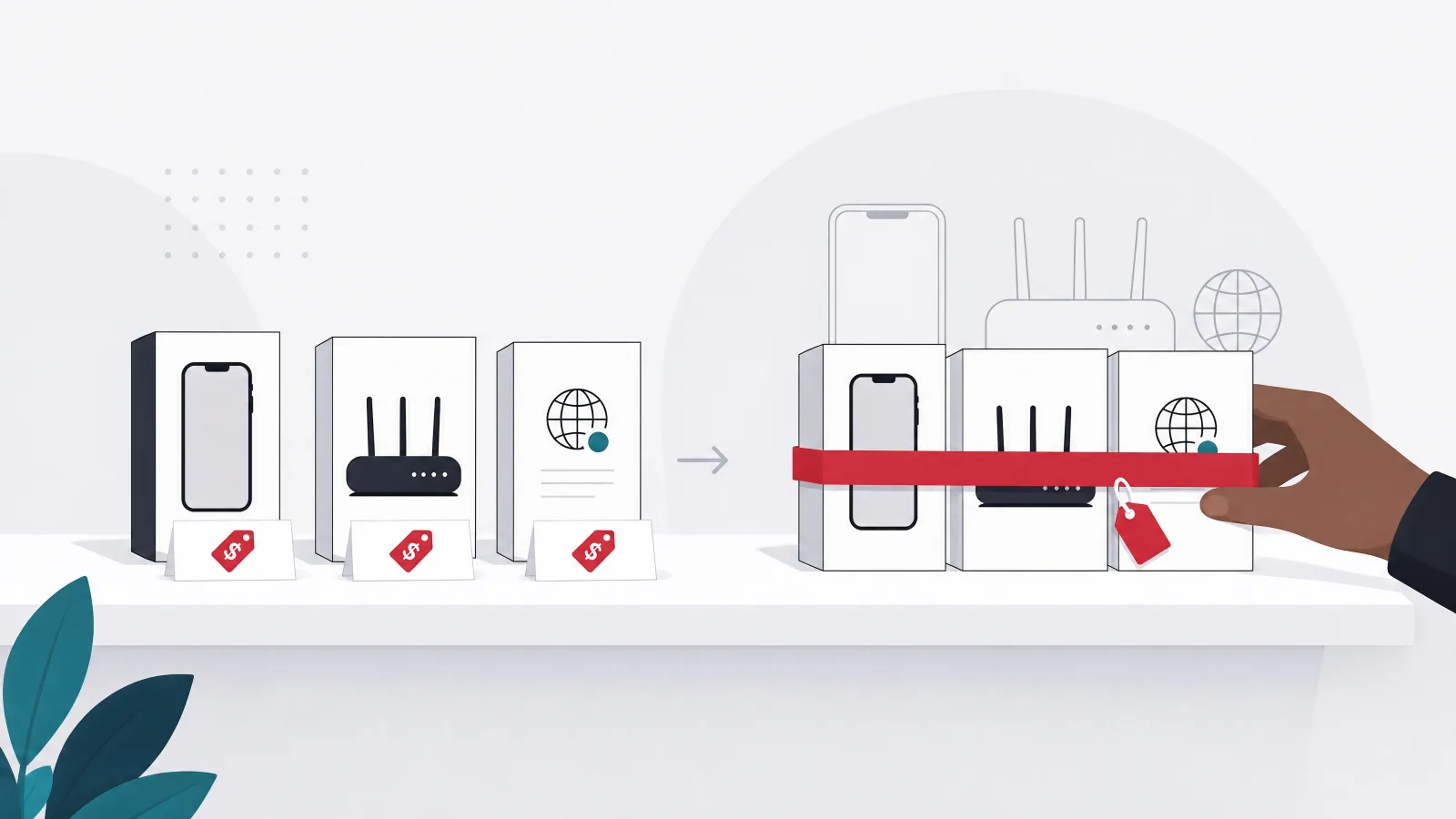 Three separately tagged boxes beside the same three boxes banded together with one smaller tag, a hand reaching for the bundle and faint phone and router outlines attached
