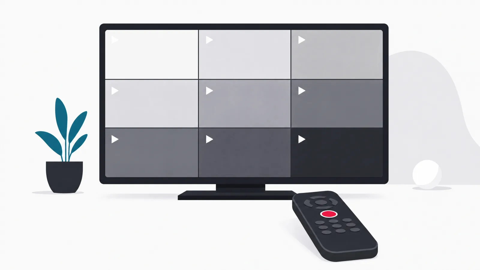 A television screen divided into nine tinted cells with small play triangles, and a remote in front with one highlighted button