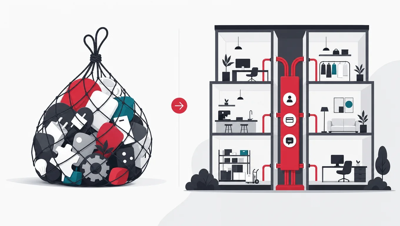 A bulging net bag of loose objects beside a building whose rooms share one red utility core