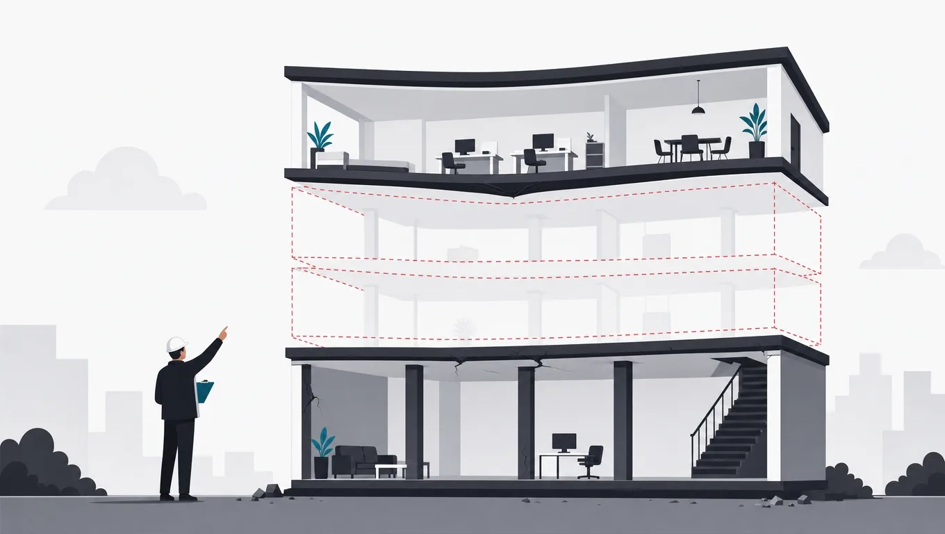 A four-layer building cutaway with two ghostly skipped middle layers outlined in red dashes under a sagging top floor