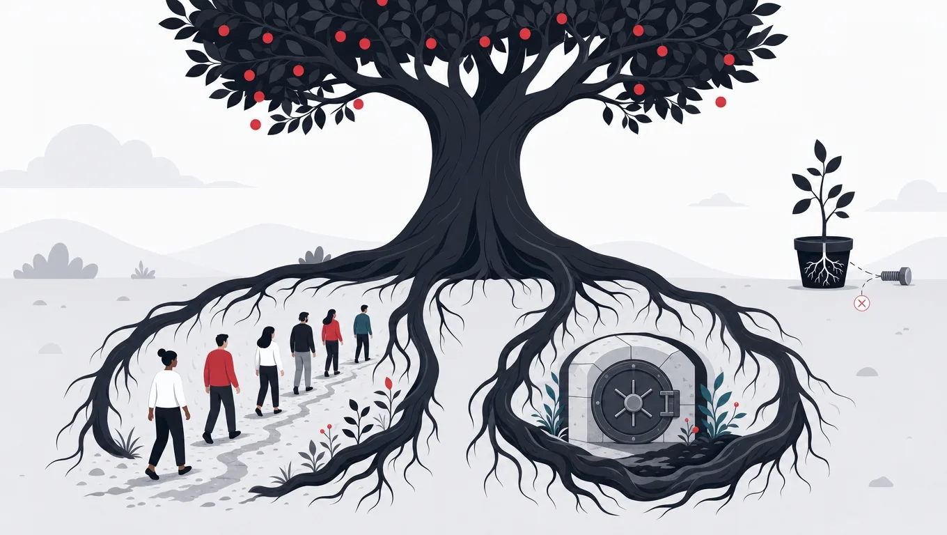 A tree with two deep roots, one holding daily returning figures and one a payment vault, beside a rootless potted sapling