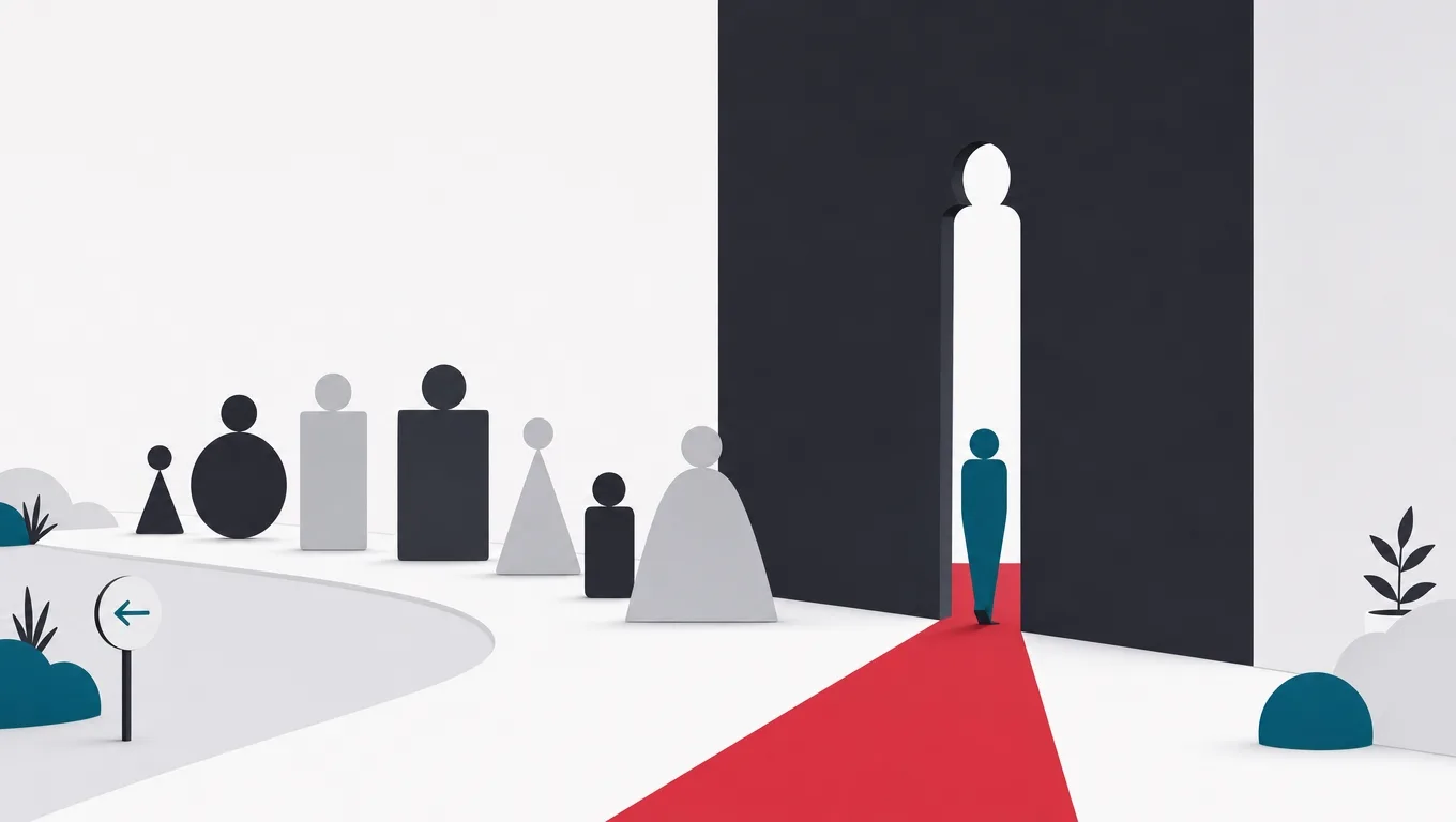 A strict gauge doorway passing one correctly shaped figure onto a red carpet while others take a side path