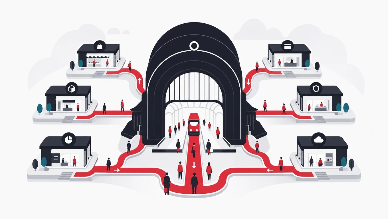 A central station hall feeding many small branch platforms through one red loop of circulating passengers